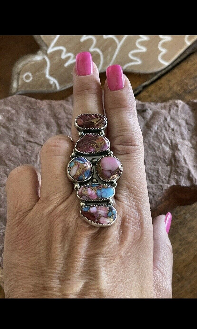 Navajo Pink Dream Mohave & Sterling Silver 6 Stone Ring