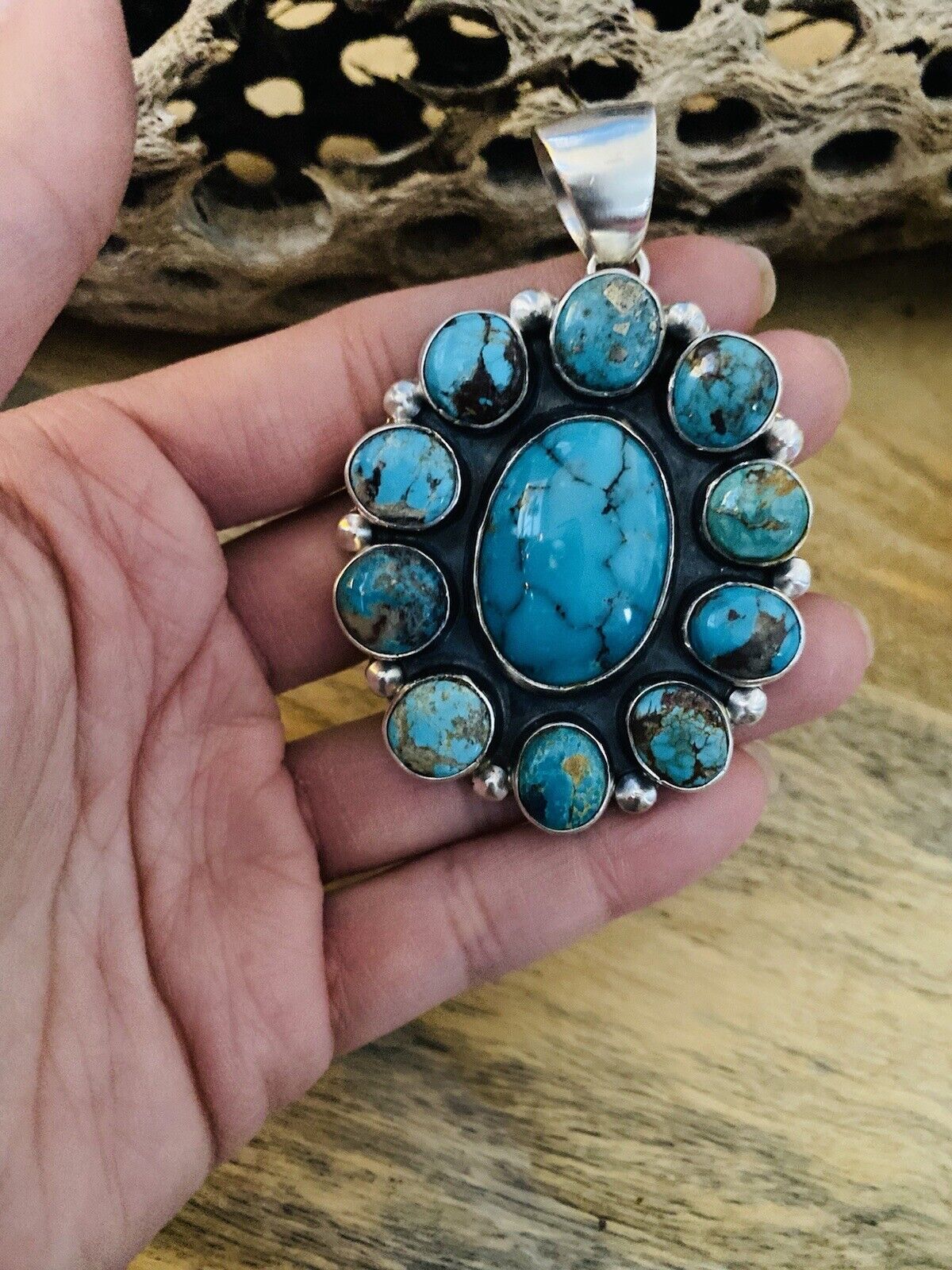 Navajo Sterling Silver & Multi Turquoise Cluster Pendant Signed