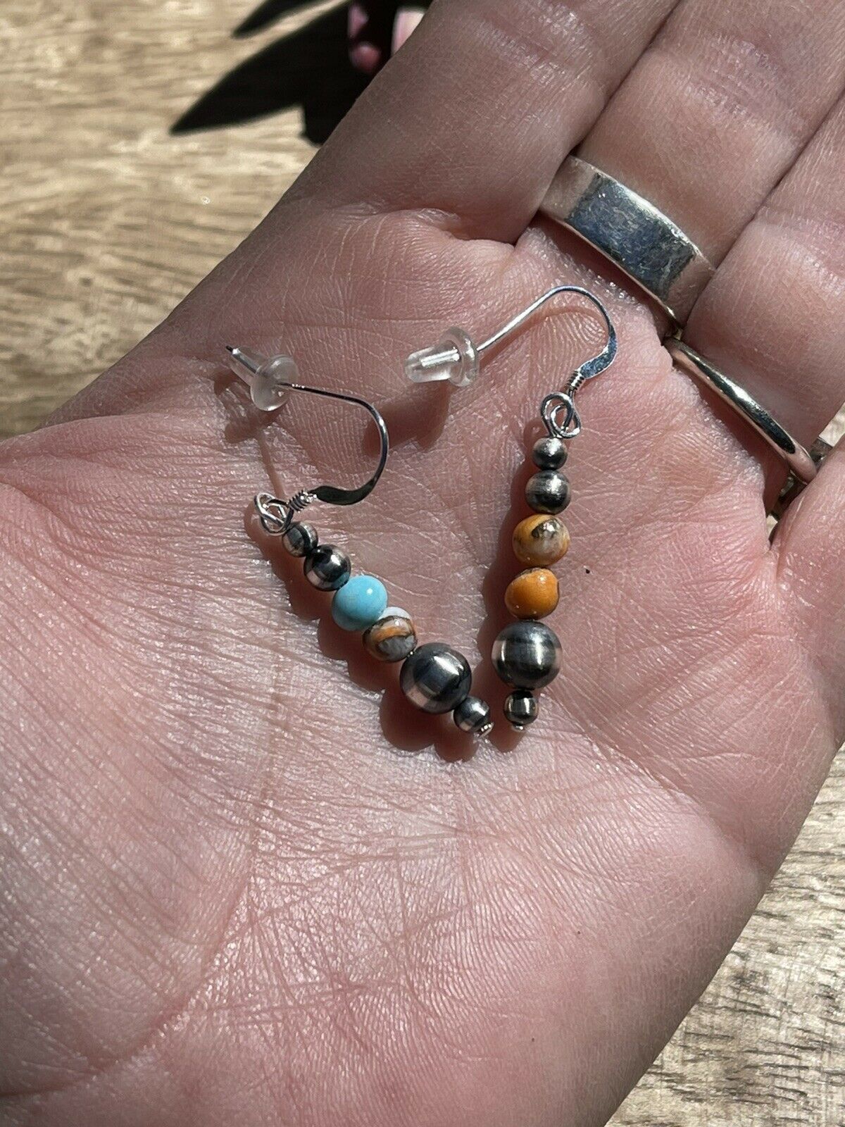 Navajo Sterling Silver Pearl, Turquoise & Spiny Spice Beaded Earrings