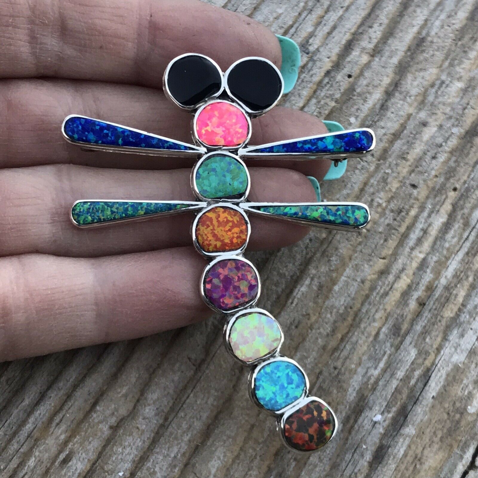 Navajo Sterling Silver & Multi Color Opal Stone Dragonfly Pendant Pin Signed