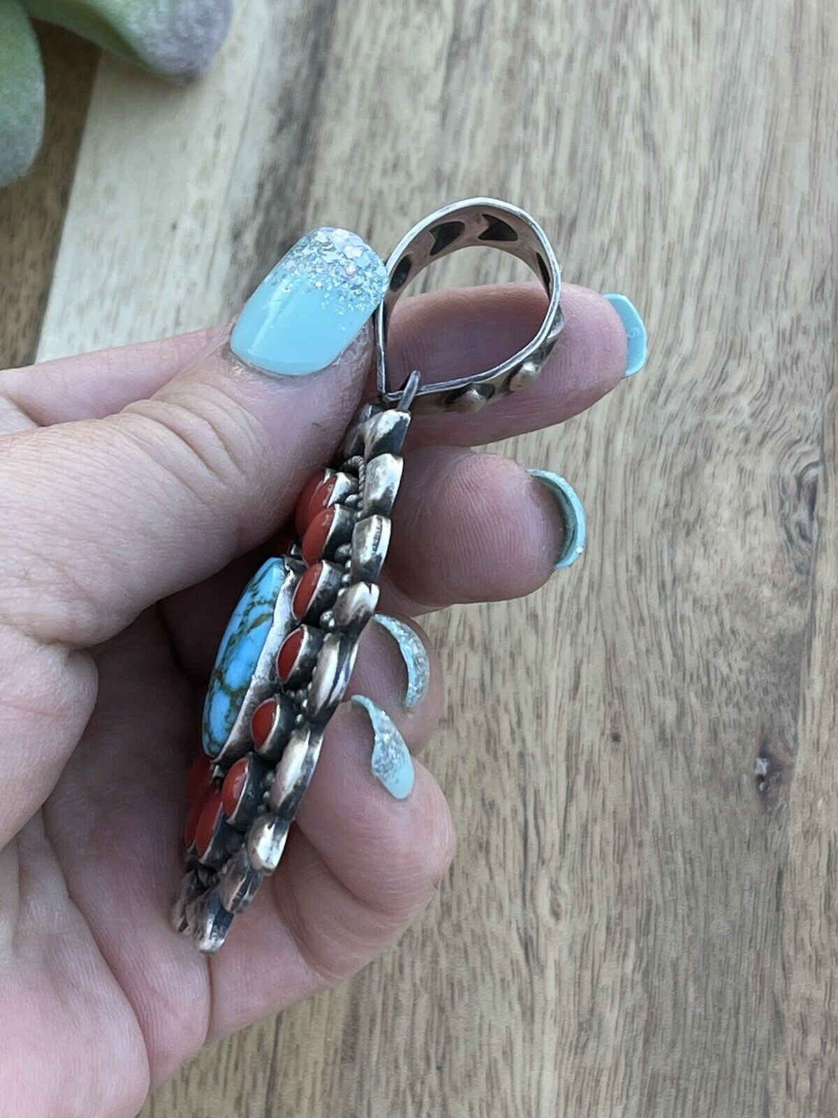 Navajo Sterling Kingman Web Turquoise & Red Coral Taos Ornate Pendant D. Clark