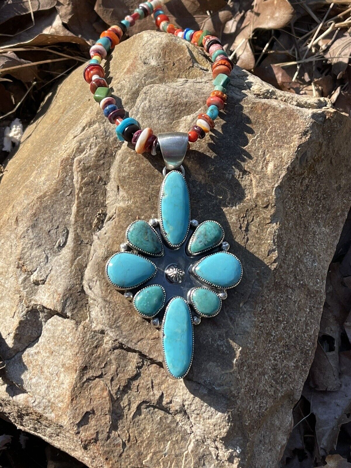 Navajo Multi Turquoise Cluster & Sterling Pendant Signed