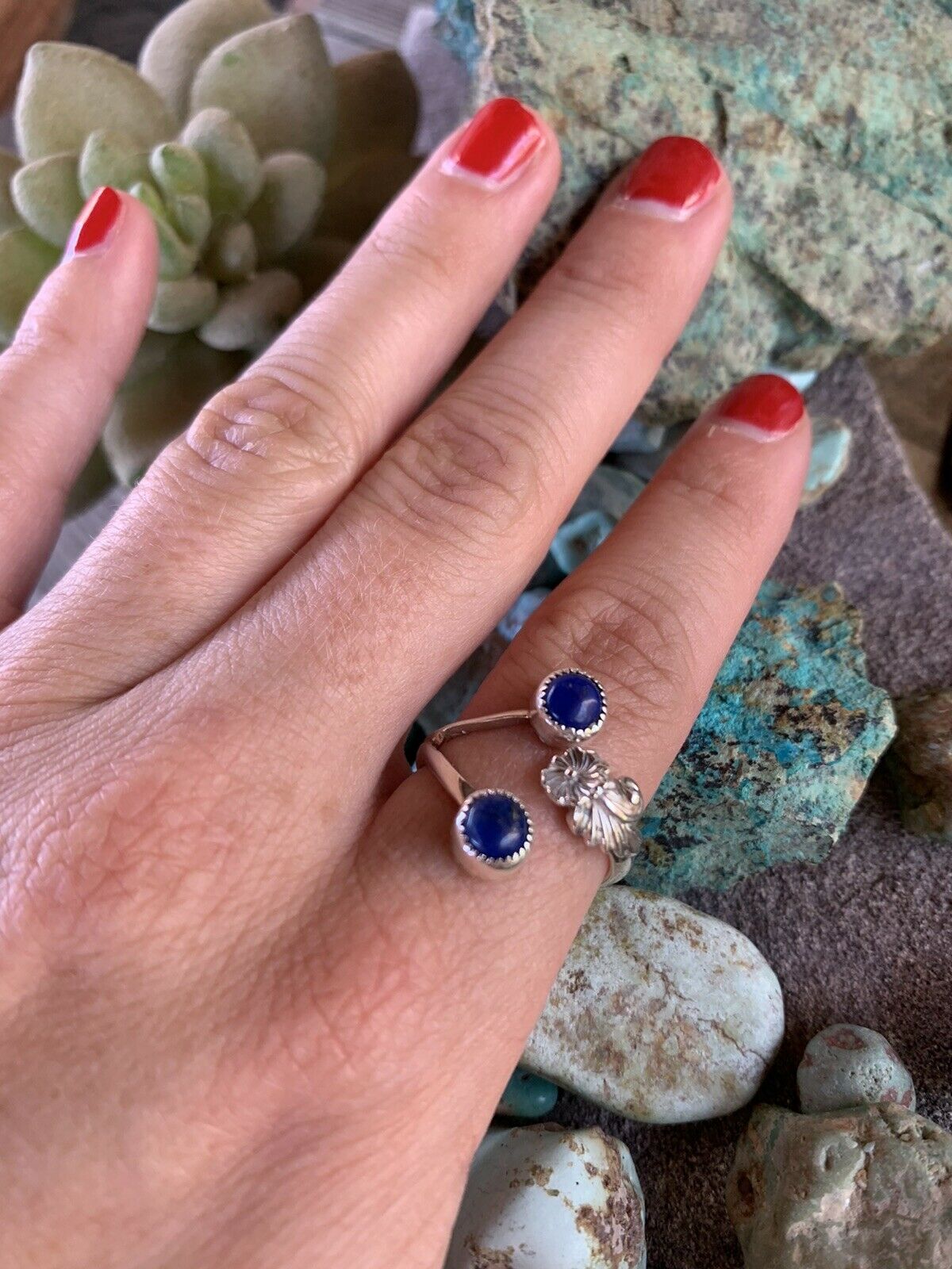 Navajo Lapis Sterling Silver Adjustable Flower Ring