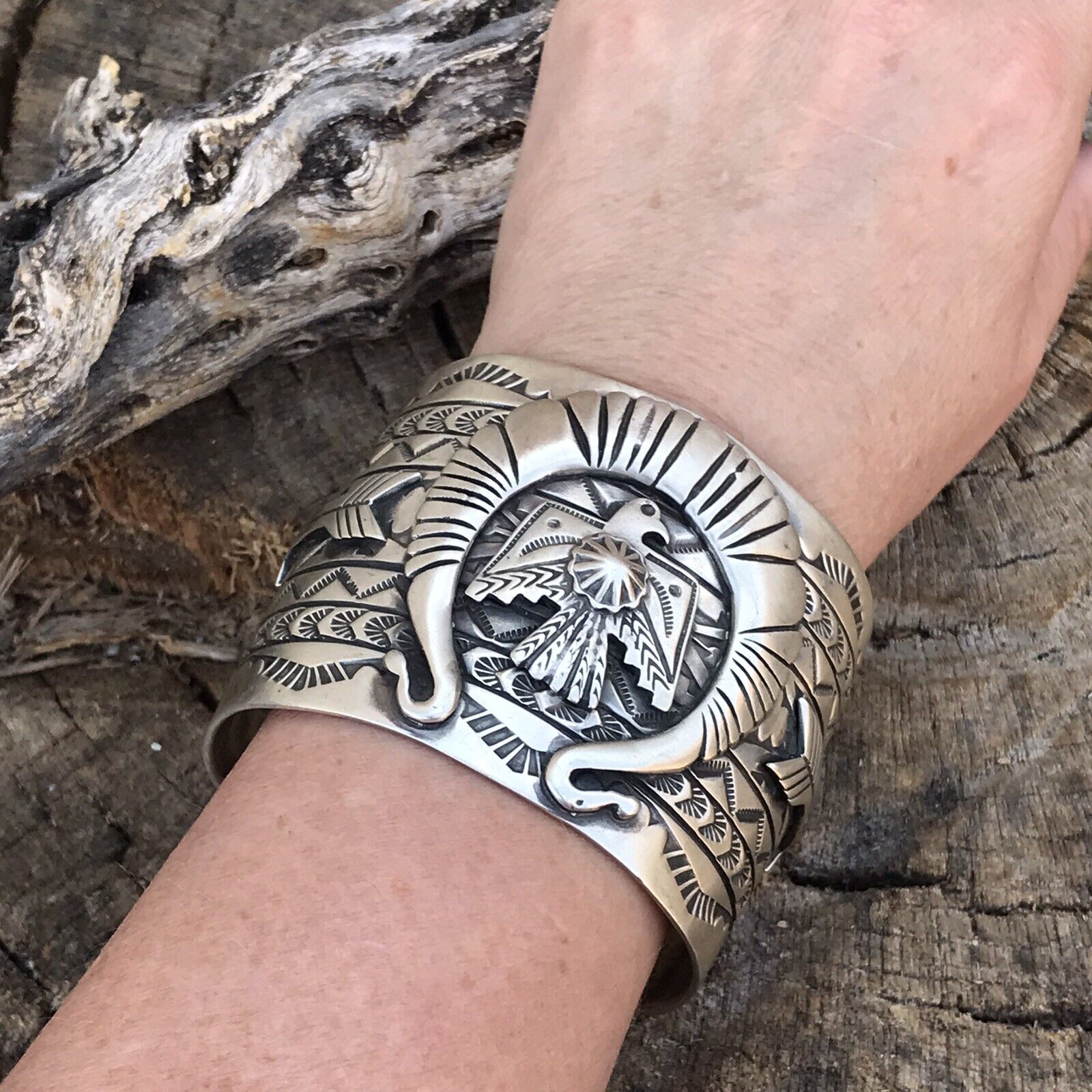 Sterling Silver Navajo Stamped Thunderbird Cuff Made By Rick Enrique