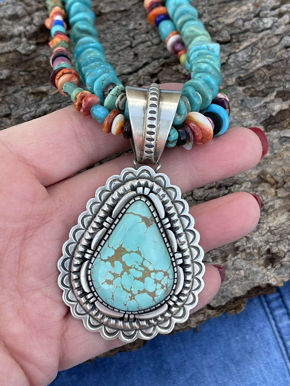 Navajo Number 8 Turquoise & Sterling Silver Jumbo Pendant Signed