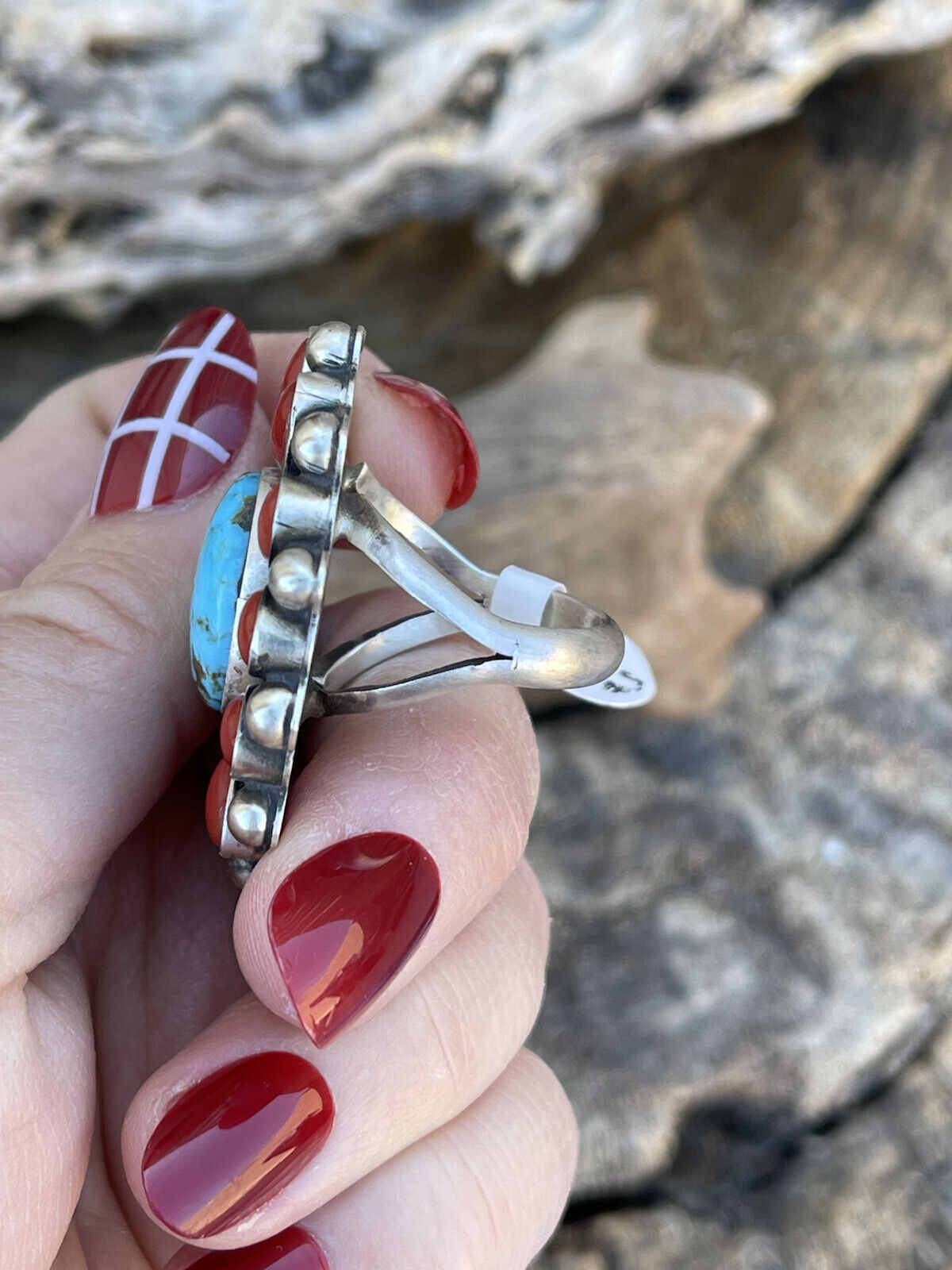 Navajo Sterling Silver Kingman Web Turquoise & Red Coral Taos Ring Sz 7.5