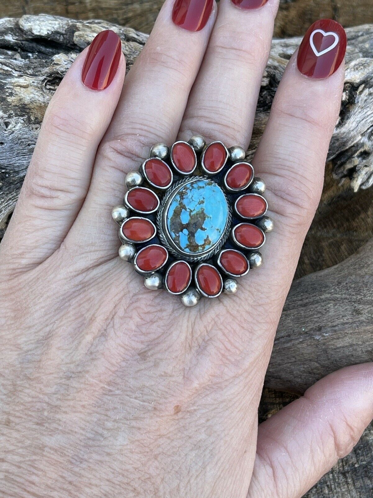 2024 Navajo Vintage Sterling Silver Turquoise & Red Coral Ring