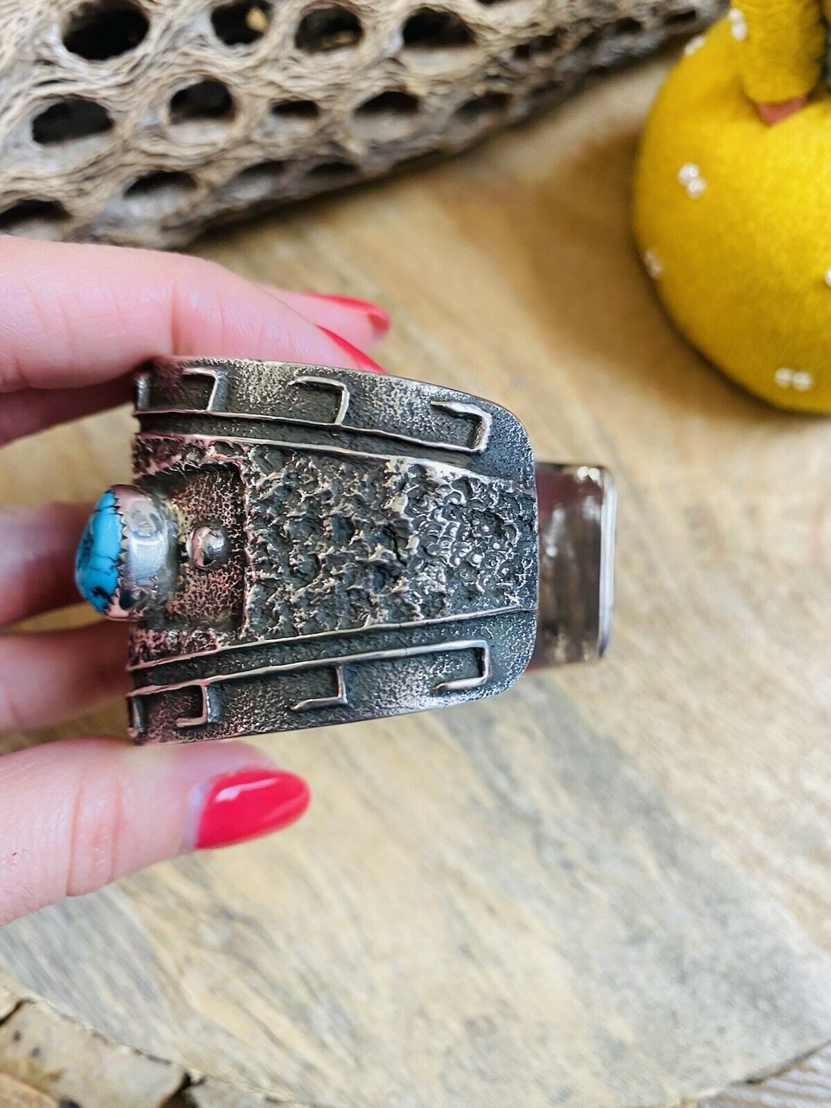 Navajo Kingman Turquoise & Hand Stamped Sterling Silver Cuff Bracelet