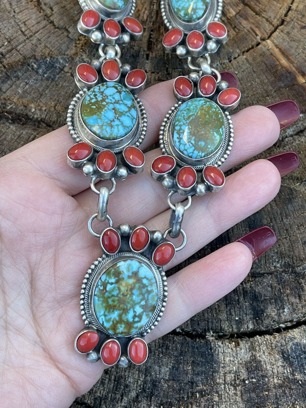 Navajo Sterling Kingman Turquoise Natural Red Coral Necklace Set Taos Collection