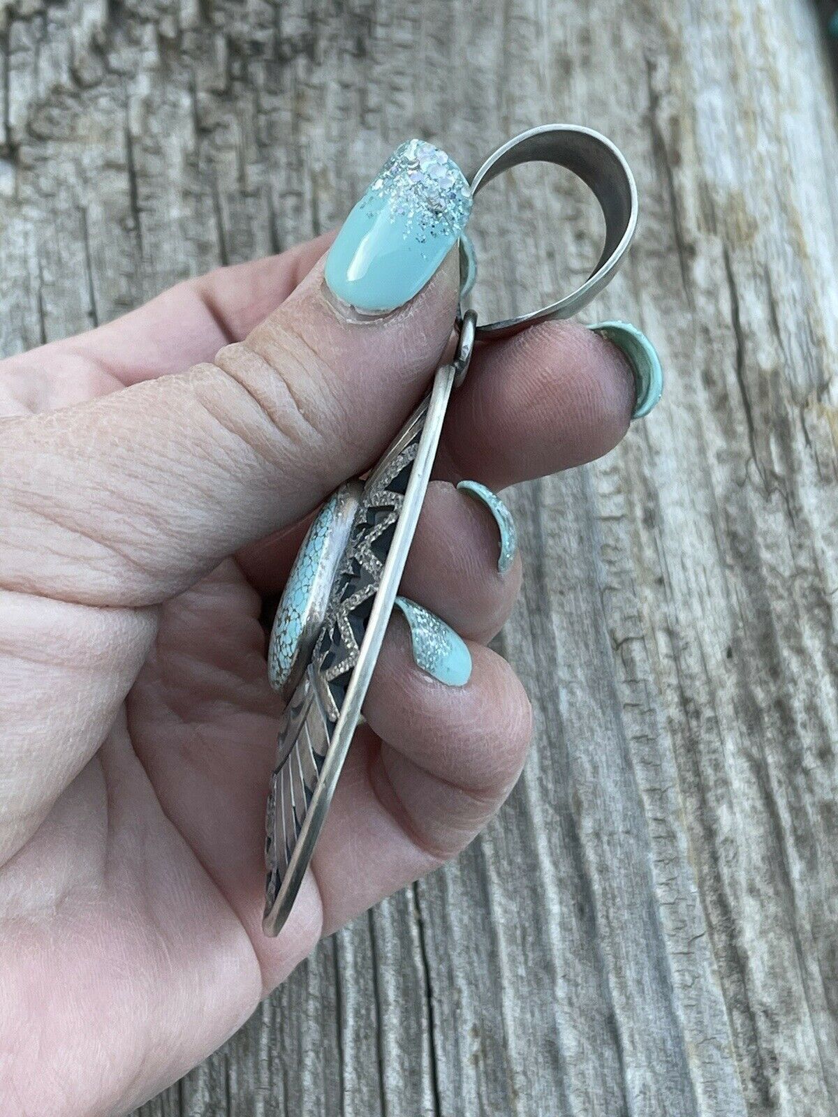 Navajo Dry Creek Turquoise Stone & Sand Cast Sterling Silver Pendant Signed