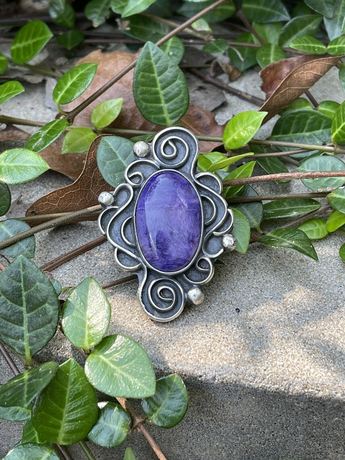 Navajo Purple Charoite & Sterling Silver Swirl Statement Ring Size 7