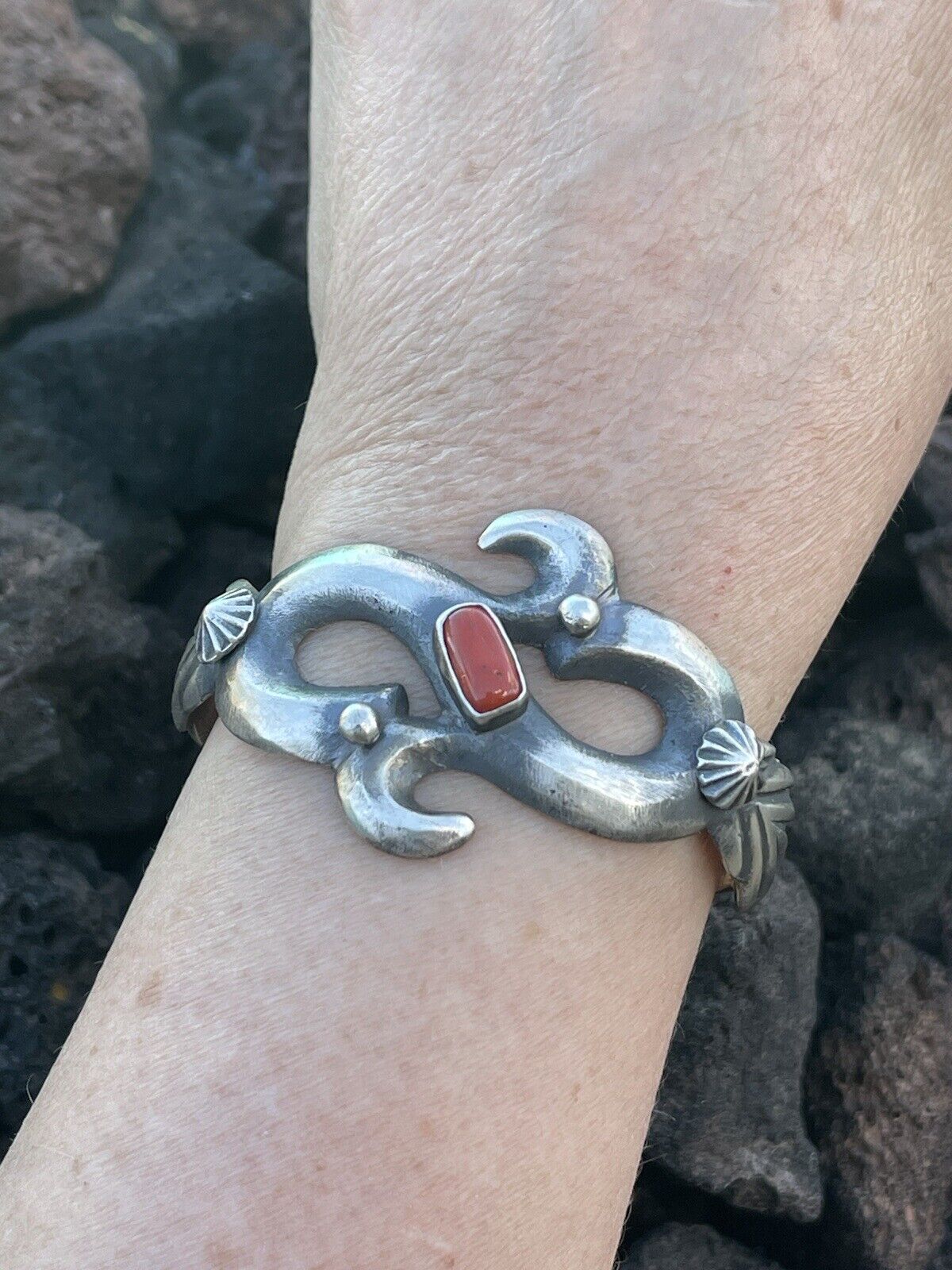 Navajo Natural Red Coral Sterling Silver Cuff By Artist Chimney Butte