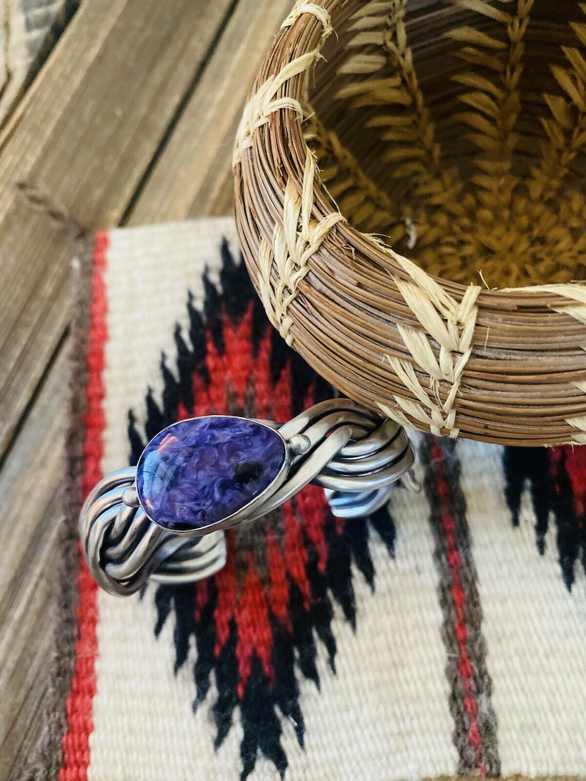 Navajo Charoite & Sterling Silver Braided Cuff Bracelet Signed