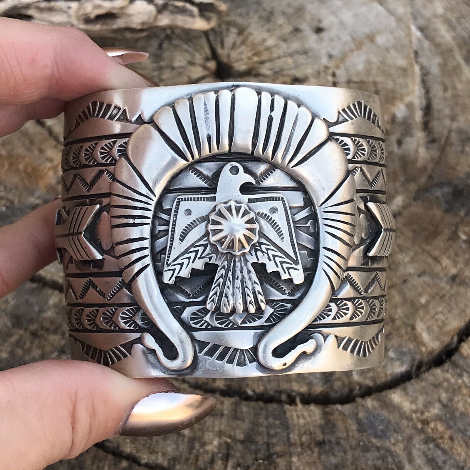 Sterling Silver Navajo Stamped Thunderbird Cuff Made By Rick Enrique