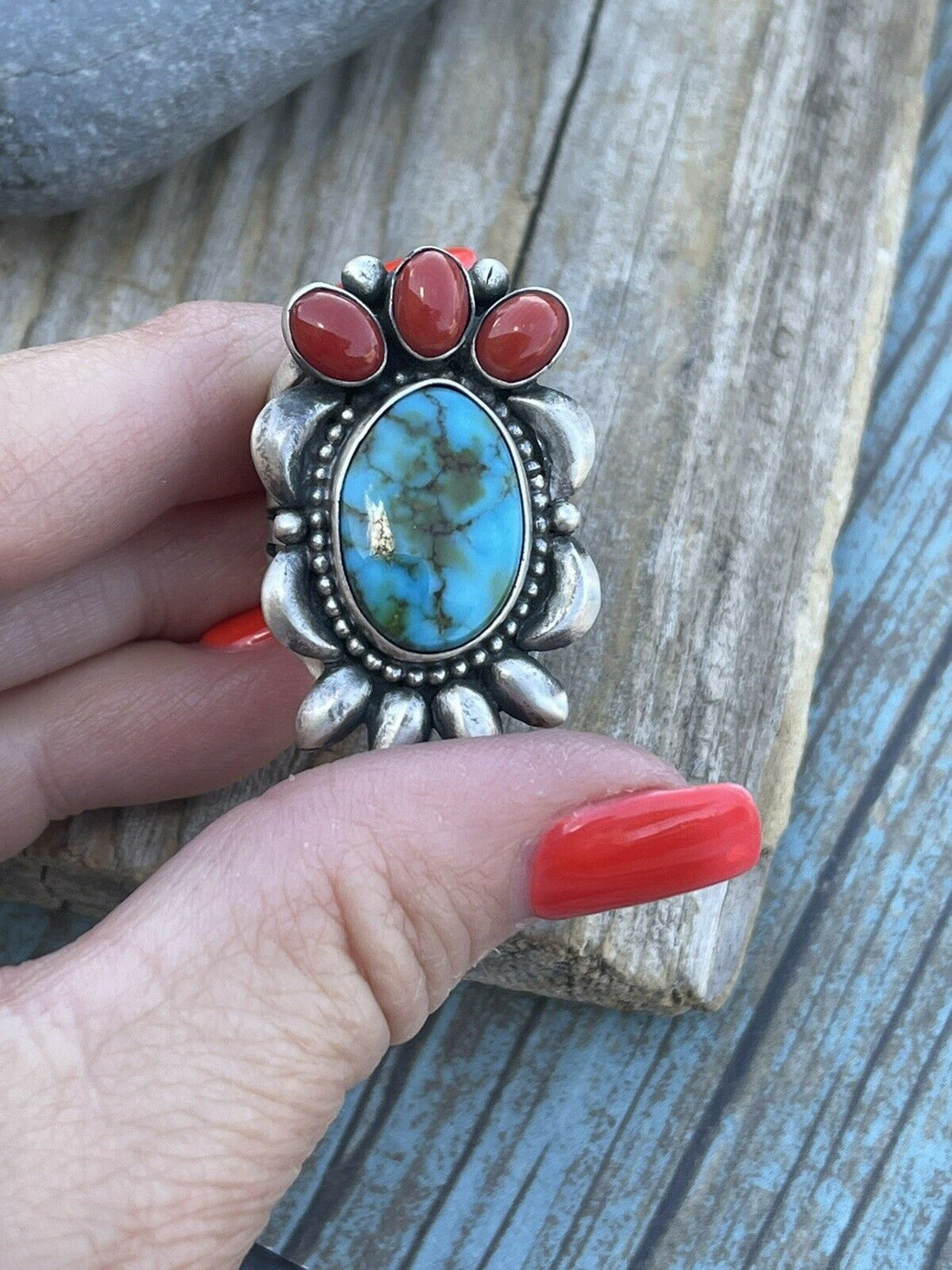 Handcrafted Sterling Silver Kingman Web Turquoise & Red Coral Taos Collection Ring Sz 6
