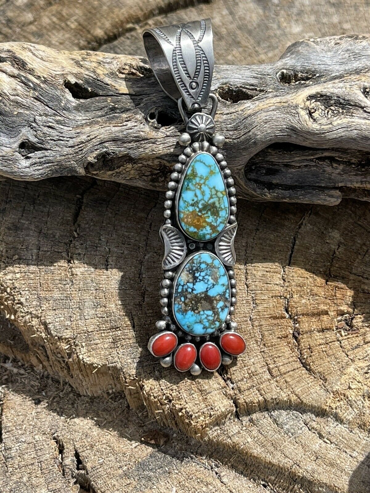 Navajo Sterling Kingman Web Turquoise & Red Coral Taos Pendant Danny Clark