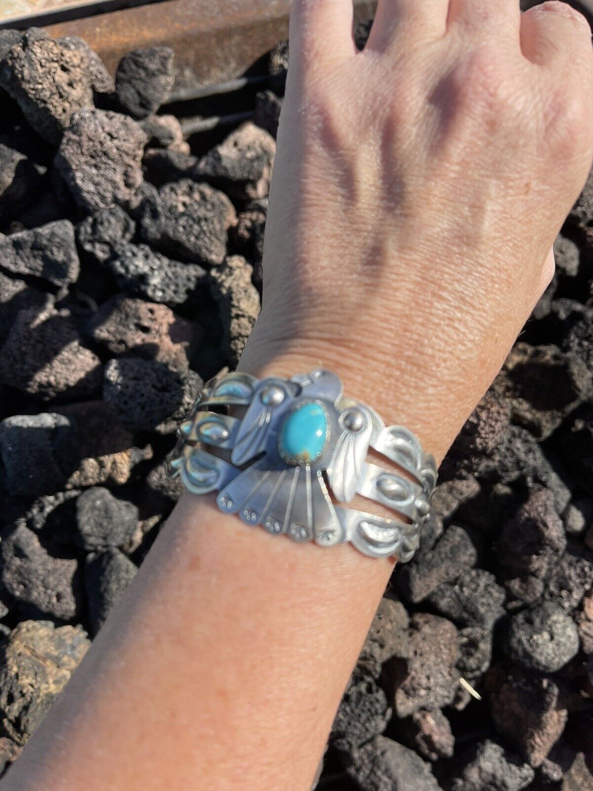 Sterling Silver Navajo Stamped Turquoise Thunderbird Cuff