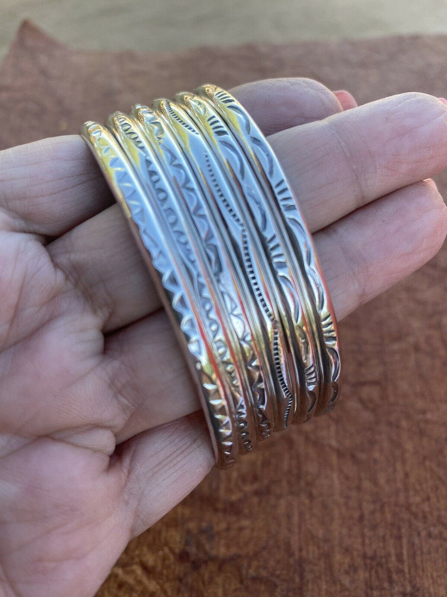 Navajo Tahe Hand Stamped Sterling Silver Bangle Bracelet