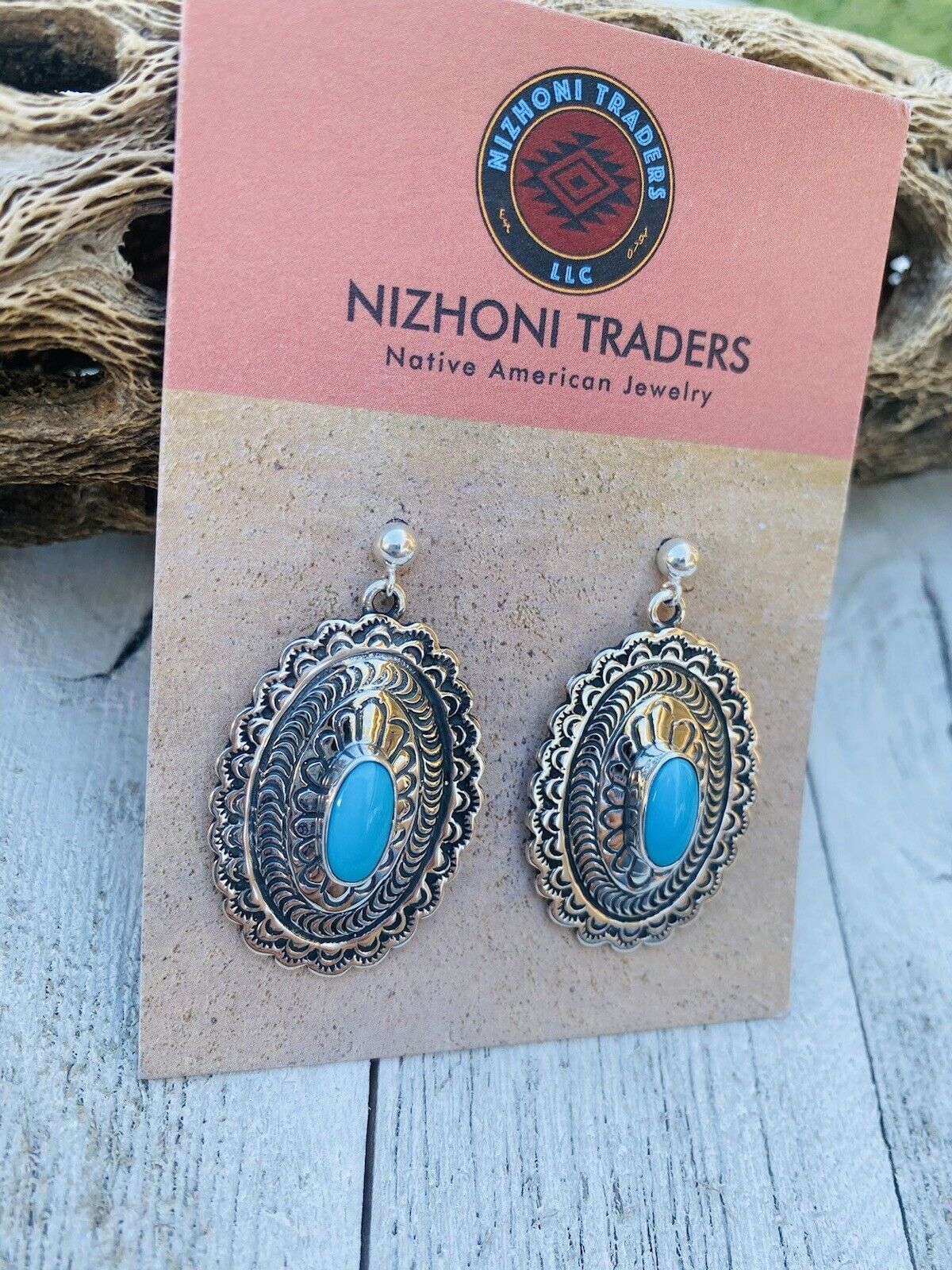 Navajo Sterling Silver & Turquoise Hand Stamped Dangle Earrings