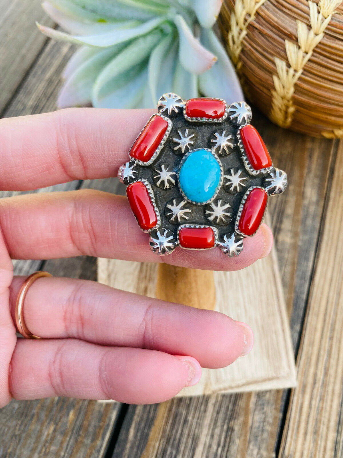 Navajo Turquoise, Coral & Sterling Silver Ring Size 9