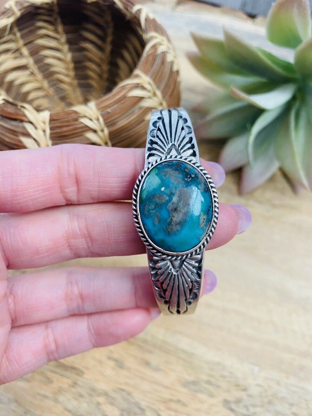 Navajo Sterling Silver & Royston Turquoise Cuff Bracelet Signed