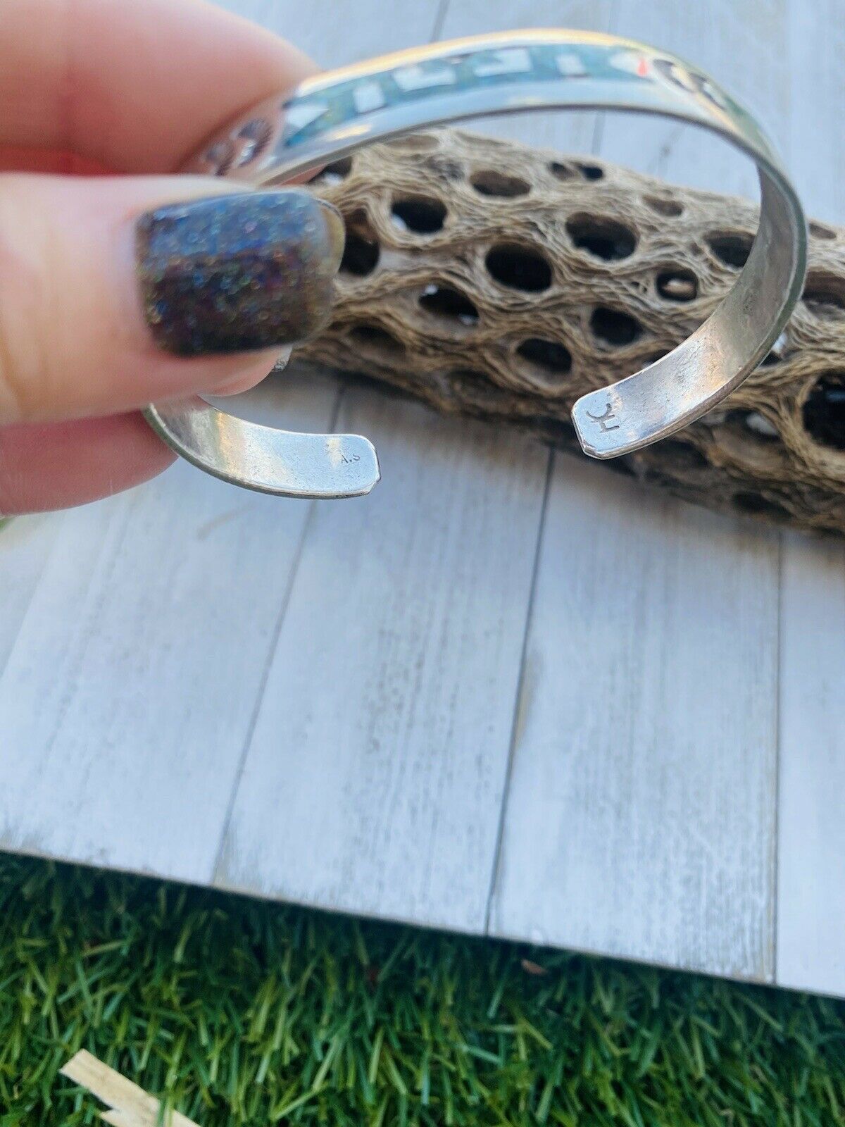 Vintage Navajo Turquoise, Coral & Sterling Silver Inlay Cuff Bracelet