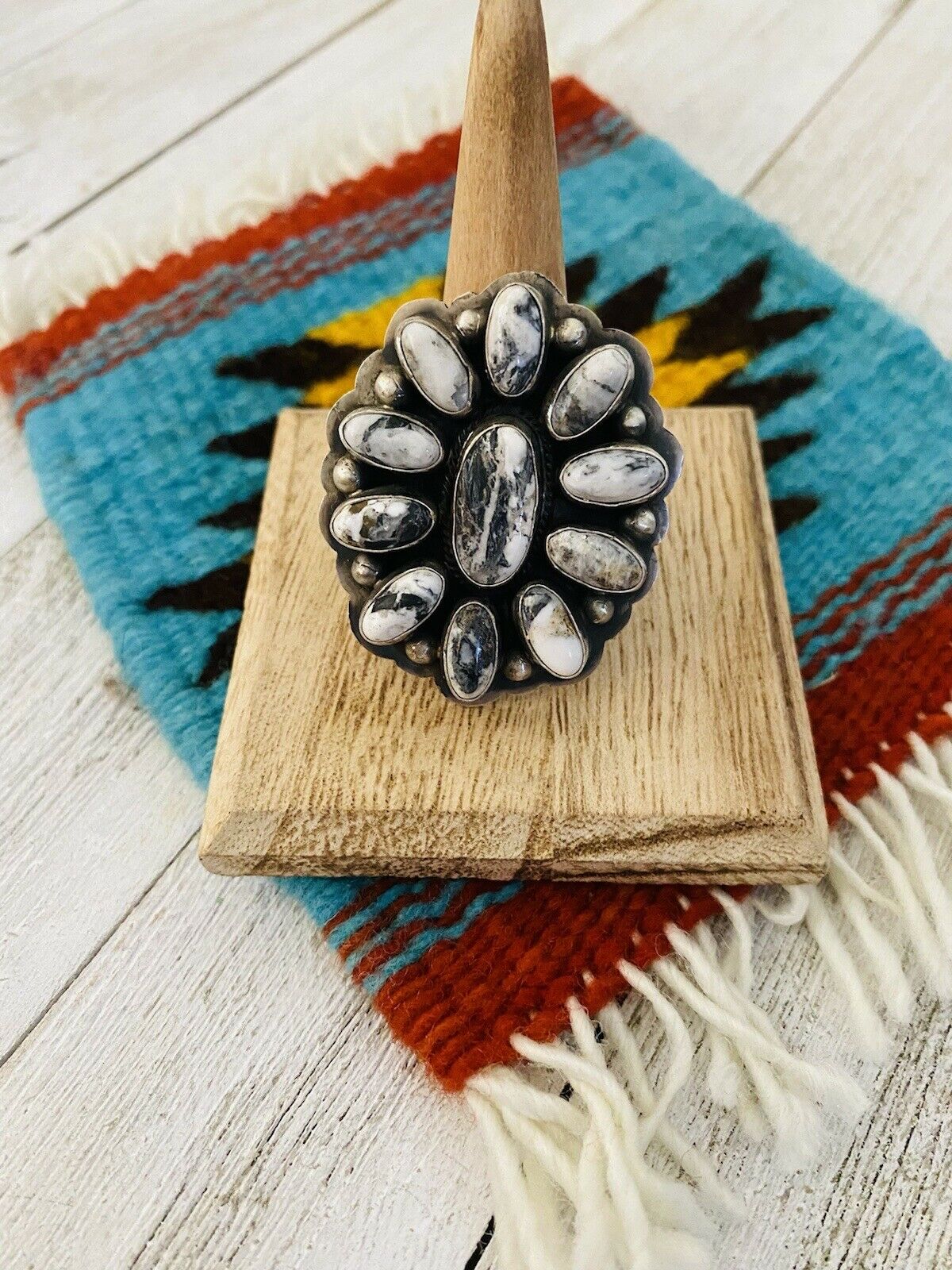 Navajo Sterling Silver And White Buffalo Cluster Ring Size 10