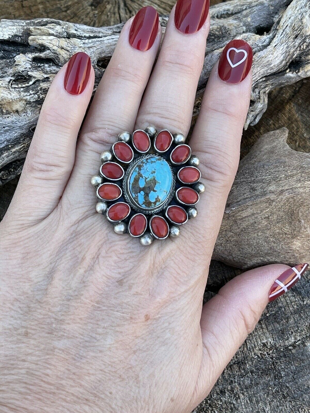 Navajo Sterling Silver Kingman Web Turquoise & Red Coral Taos Ring Sz 7.5