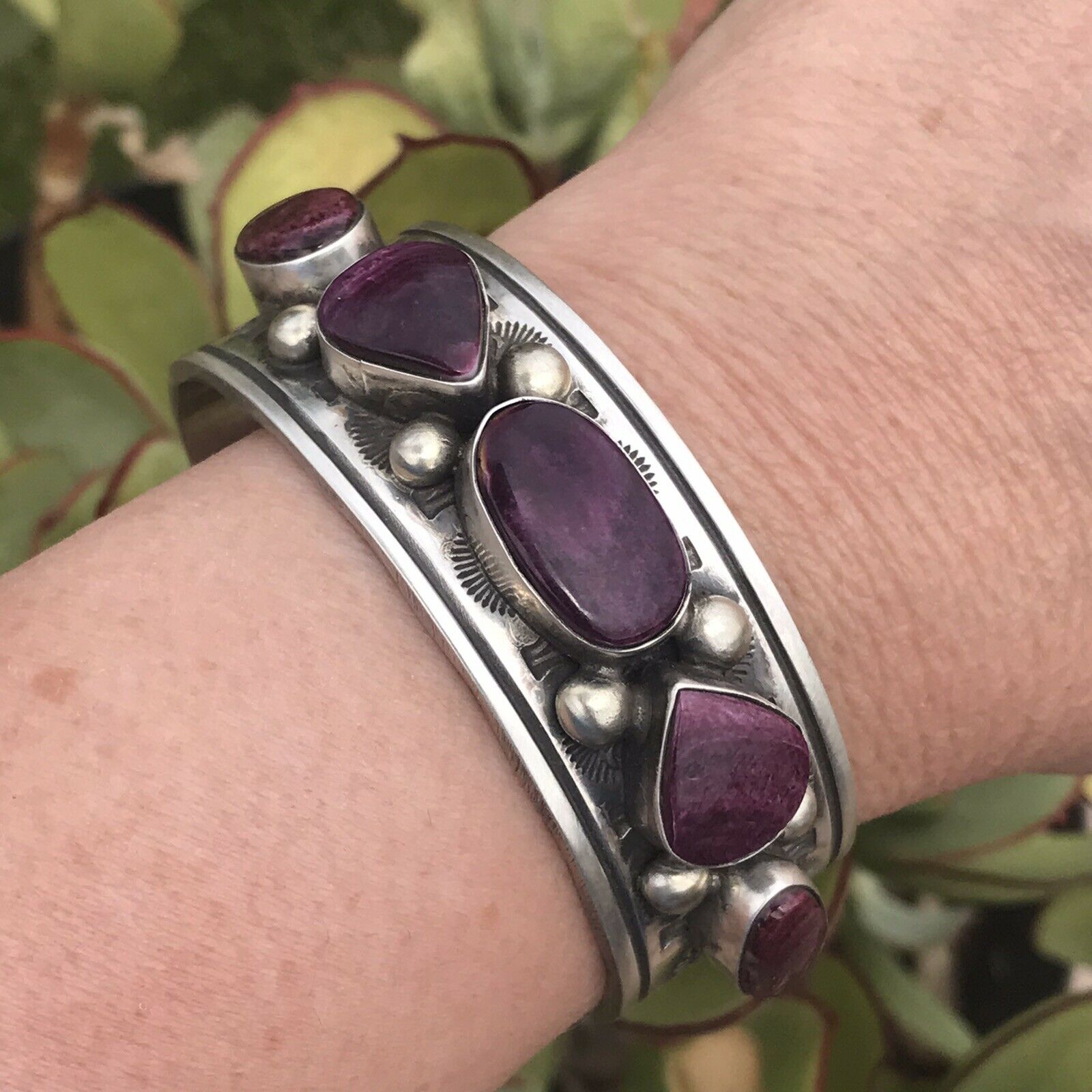 Purple Spiny Oyster  Sterling Silver Cuff Bracelet Signed