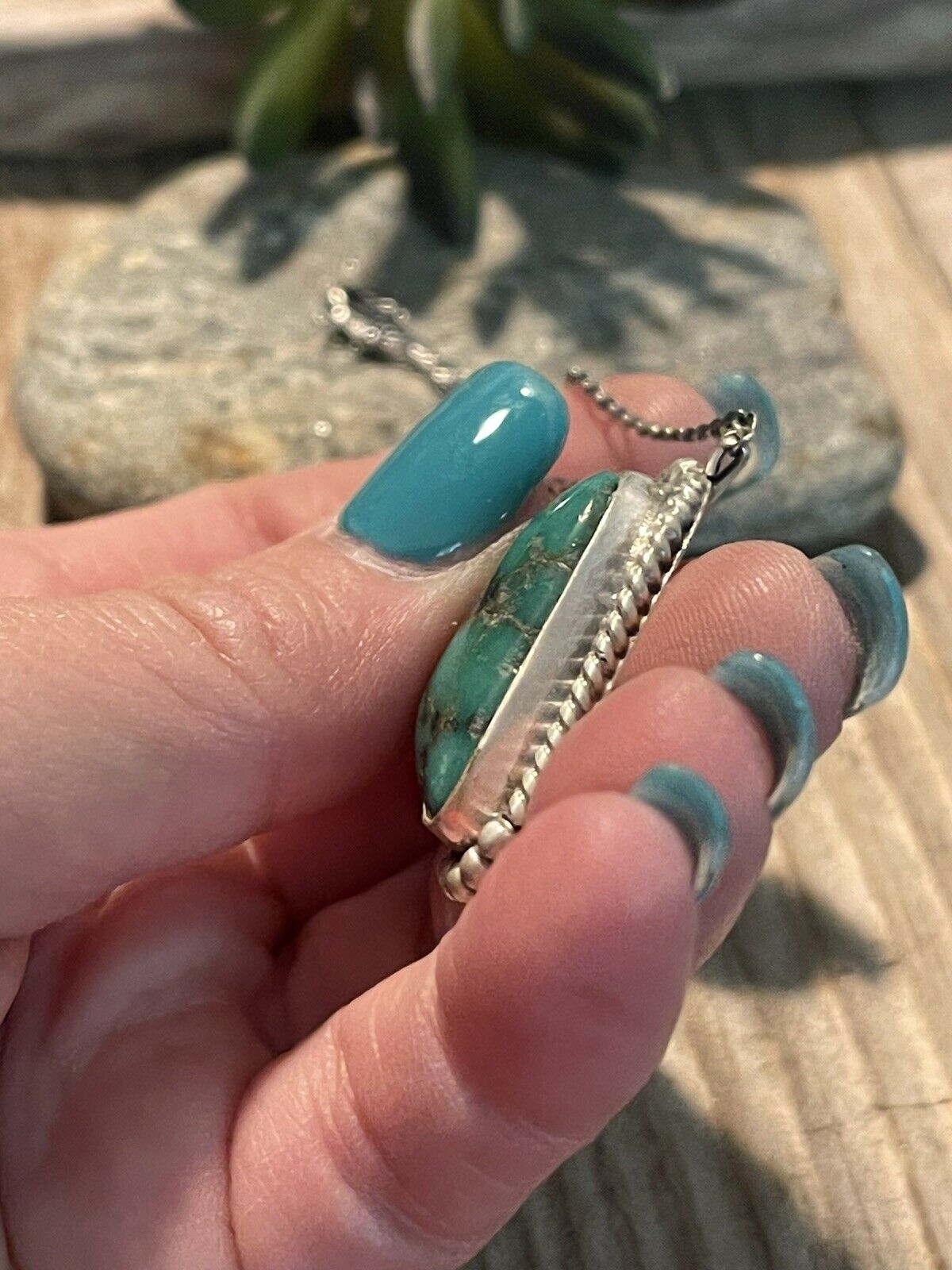 Navajo Sterling Silver And Turquoise Stone Southwest Necklace Signed