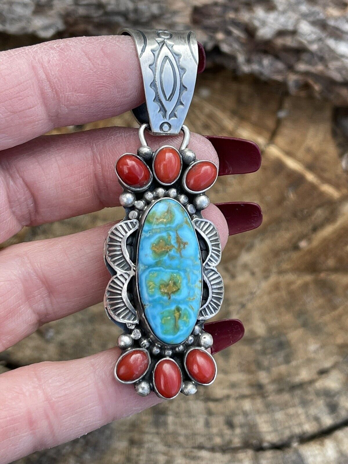 Navajo Sterling Kingman Web Turquoise & Red Coral Pendant Taos Collection