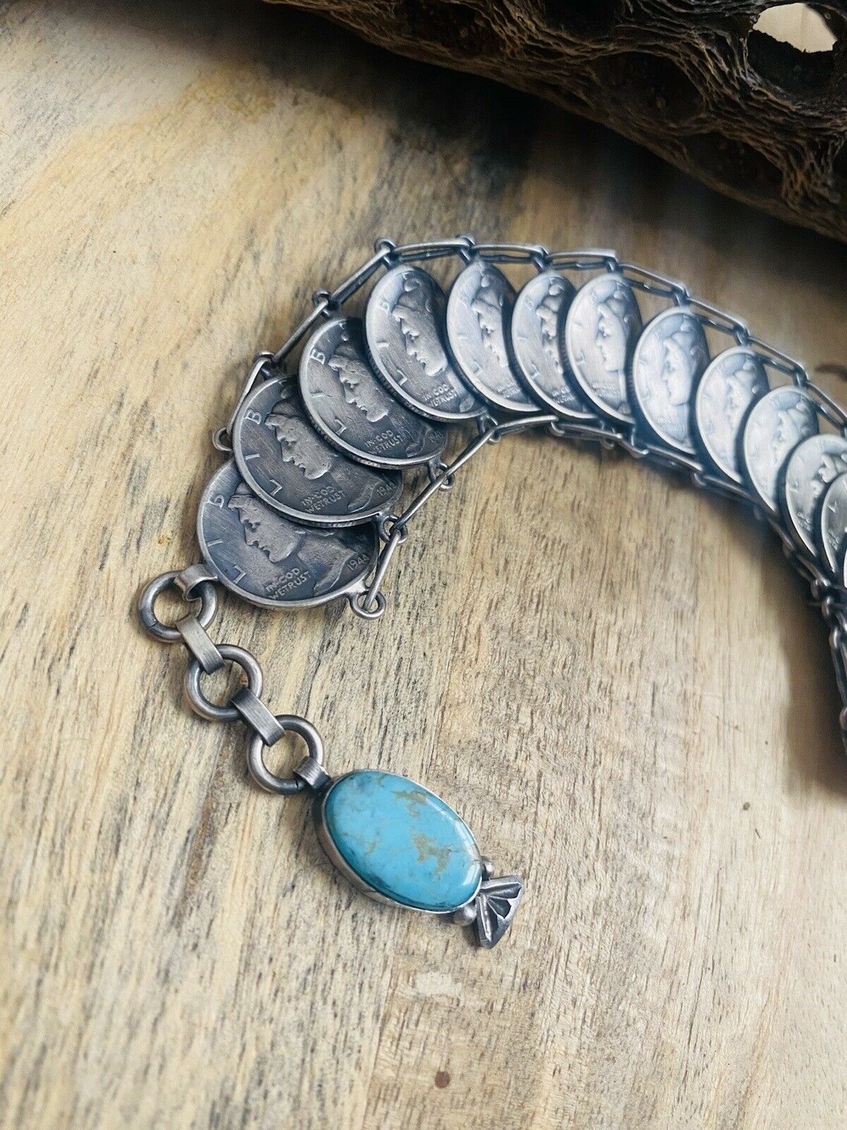 Navajo Turquoise & Sterling Silver Liberty Dime Bracelet By James