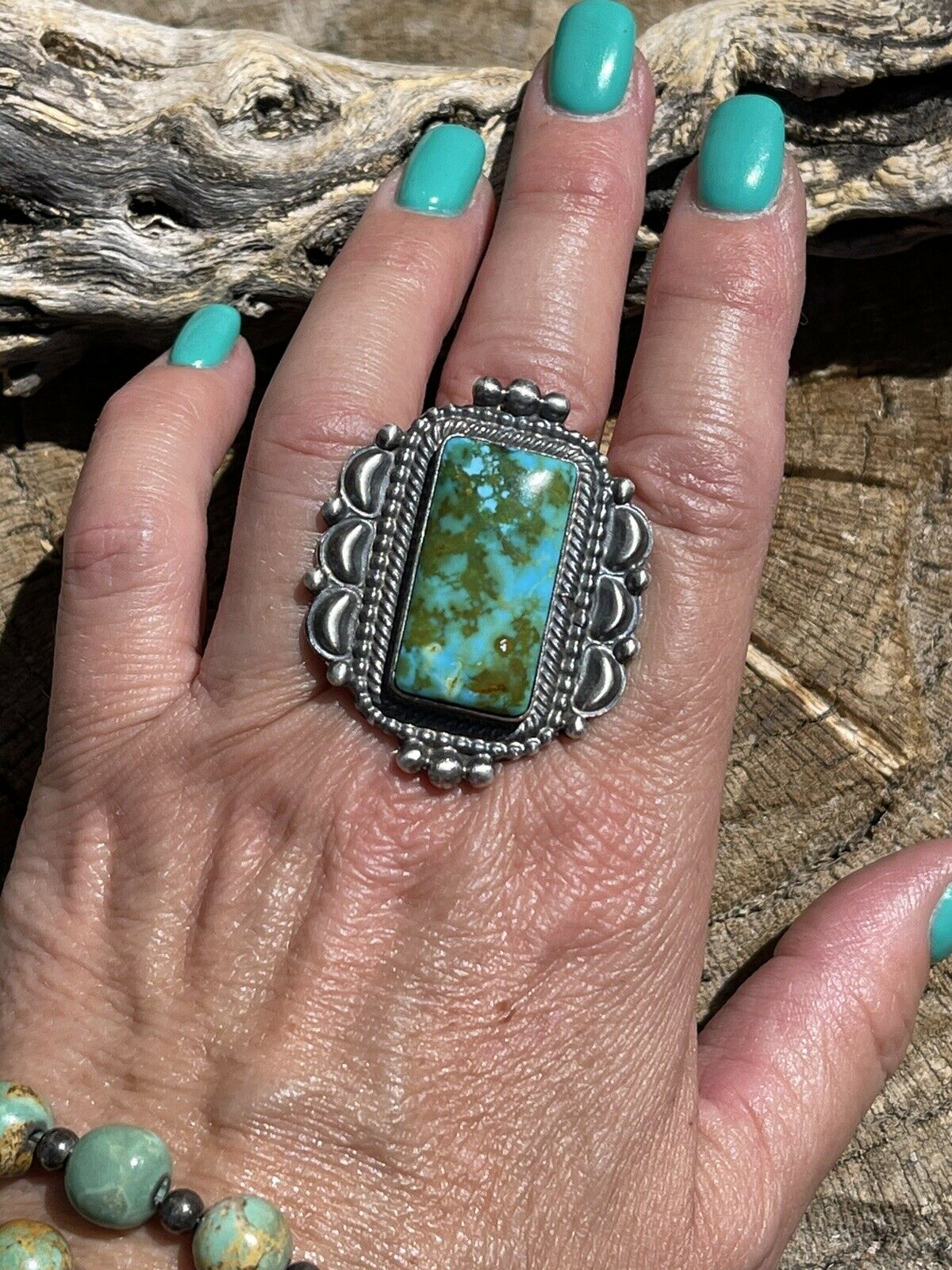 Navajo Sonoran Mountain Turquoise & Sterling Silver Statement Ring Size 9.5