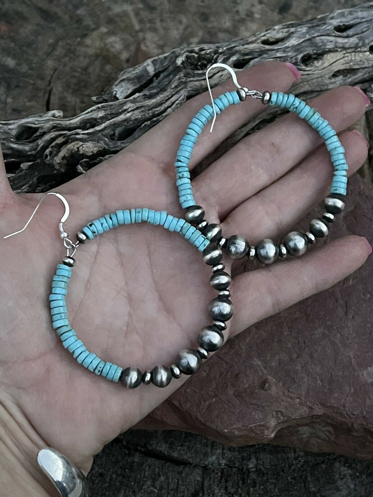 Navajo Sterling Silver Turquoise Stone French Hook Hoop Earrings