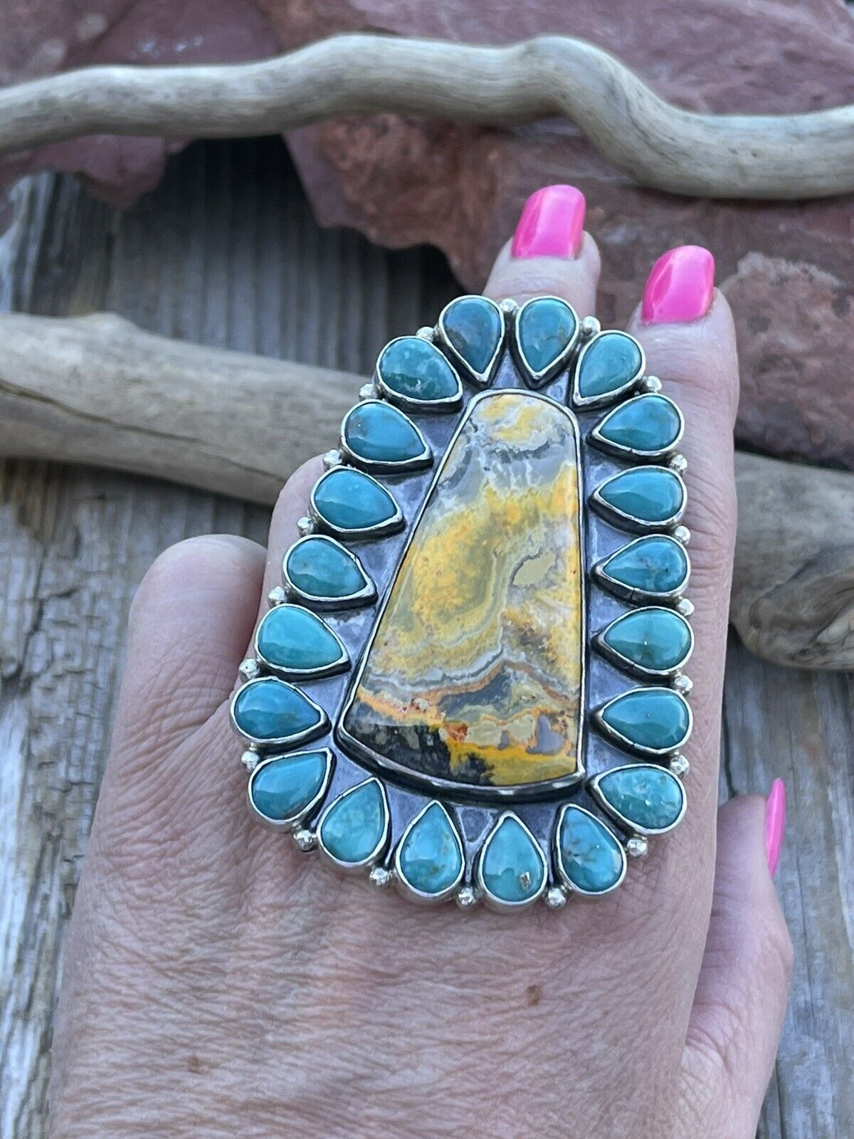 Navajo Sterling Bumblebee and Turquoise Stone Ring Sz 8