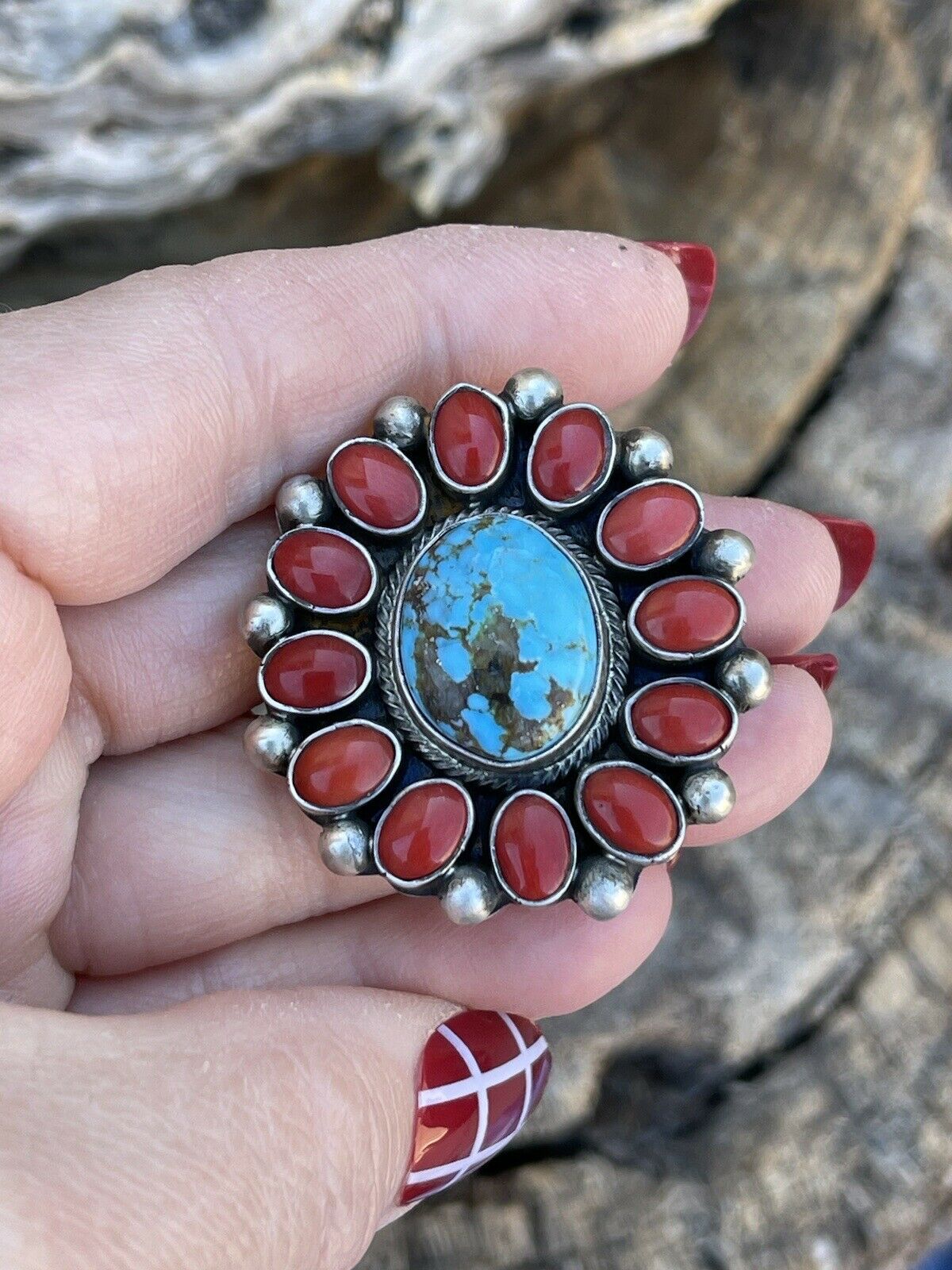 Navajo Sterling Silver Kingman Web Turquoise & Red Coral Taos Ring Sz 7.5