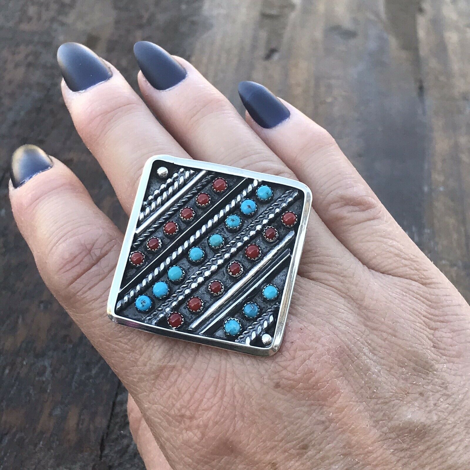 Navajo Multi Stone &  Sterling Silver Statement Ring Size 7.5