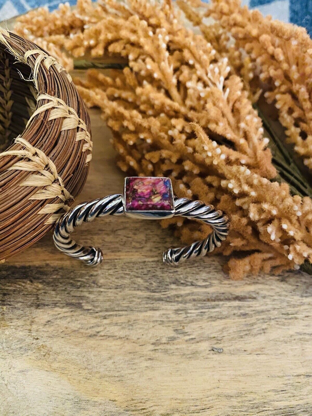 Navajo Pink Dream Mohave square & Sterling Silver Square Cuff Bracelet