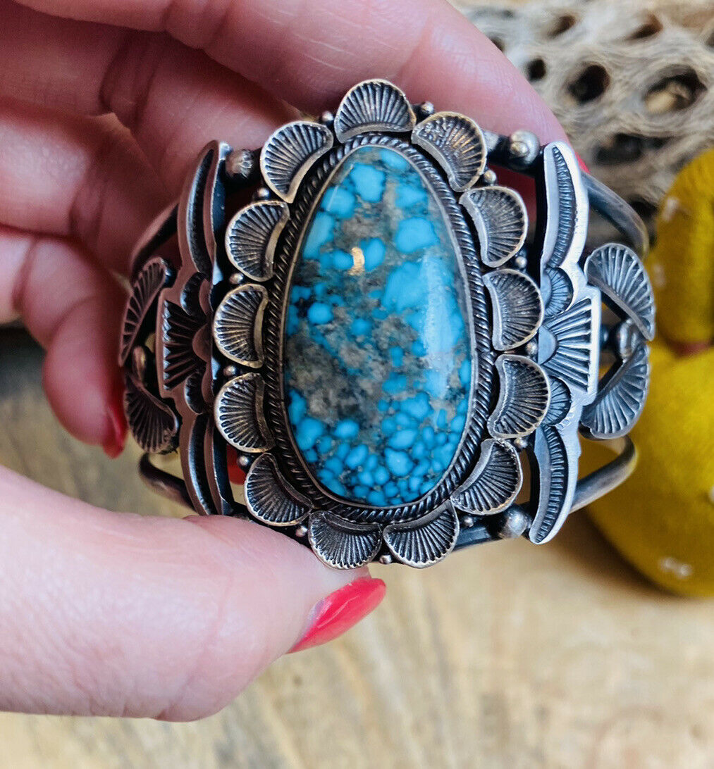 Navajo Turquoise & Sterling Silver Cuff Bracelet By Sheila Tso