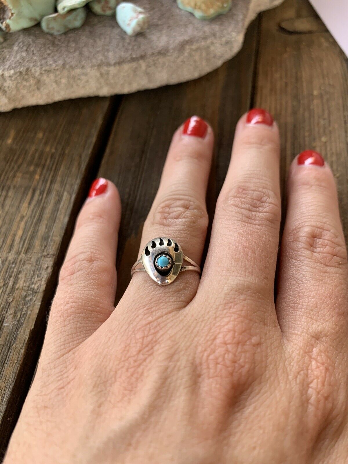 Zuni Sterling Silver Turquoise Bear Paw Ring CA