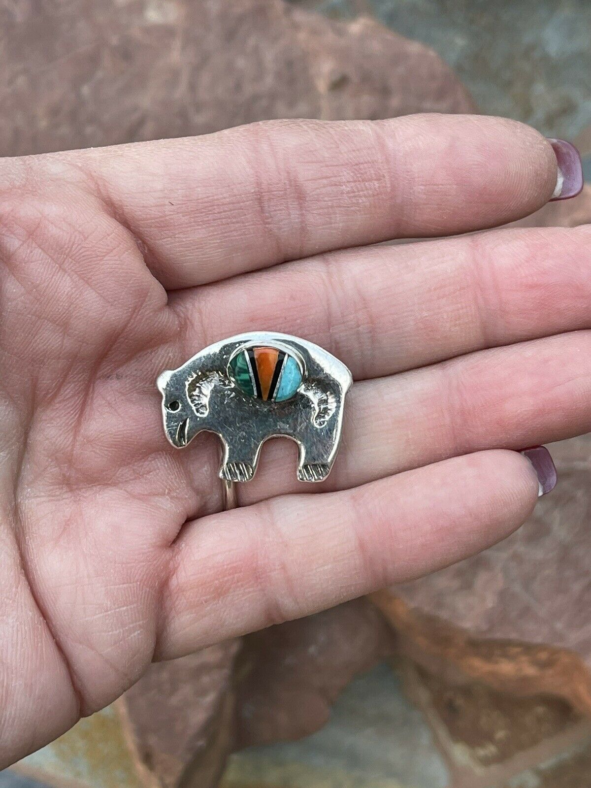 Navajo Sterling Silver Multi Stone Buffalo Pendant Pin Signed