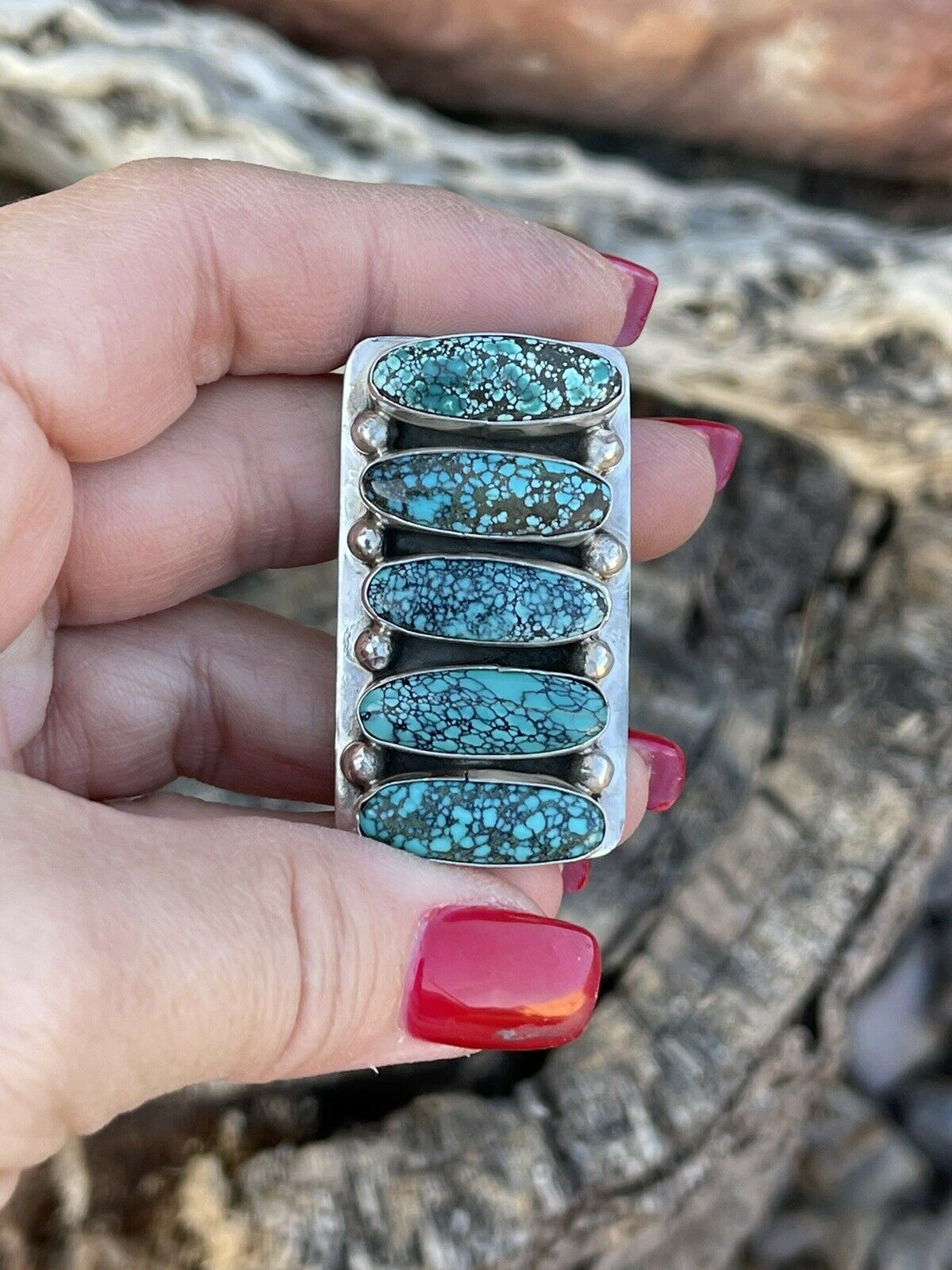 Navajo Blue Oval Turquoise & Sterling Silver Ring Sz 8 Signed