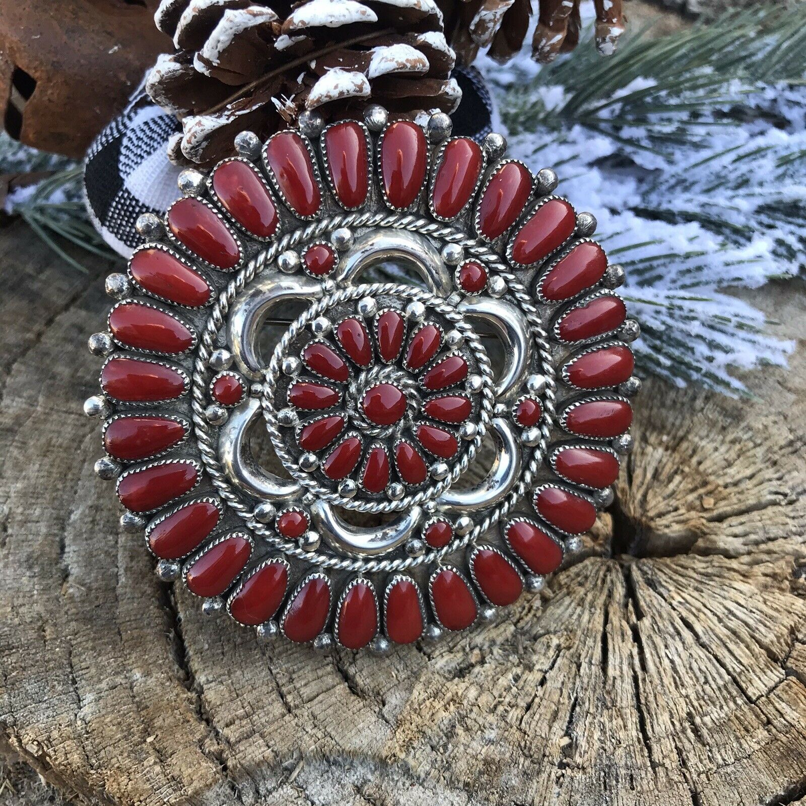 Navajo Jumbo Sterling Silver & Natural Red Coral Cluster Pendant/pin Signed