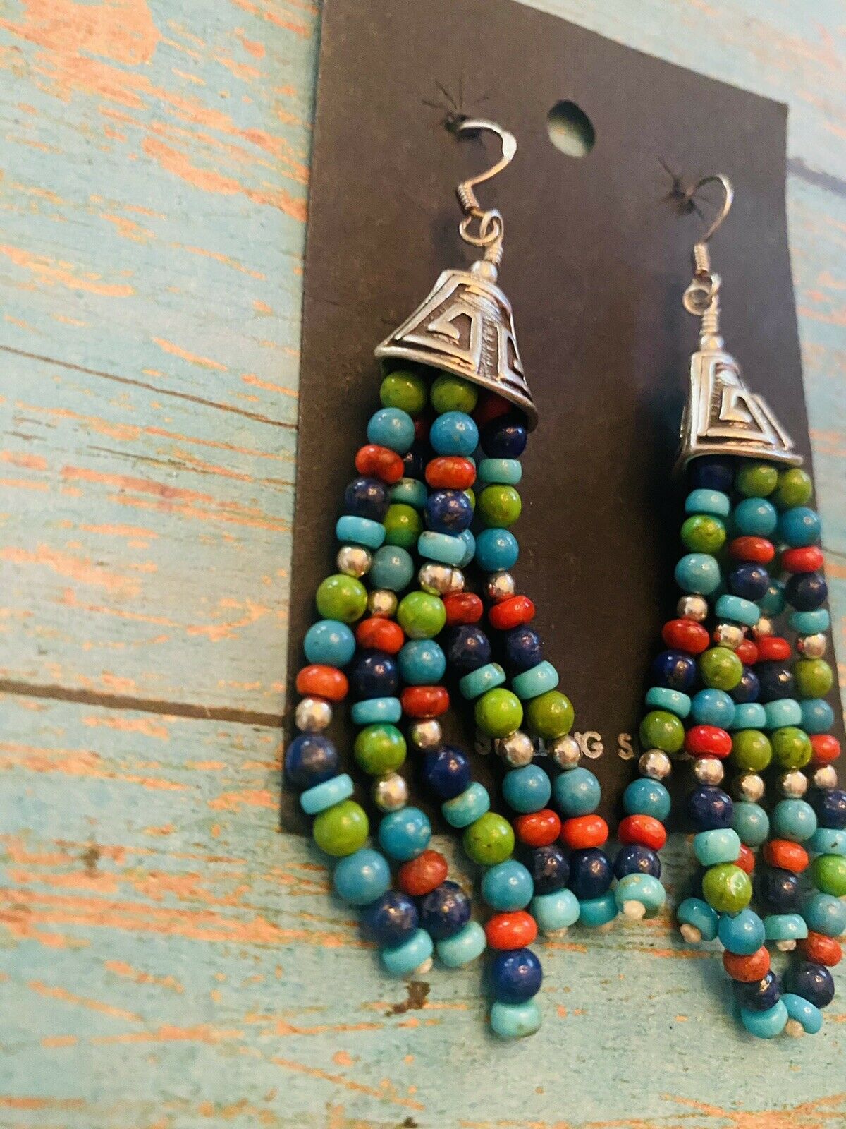 Navajo Sterling Silver Multi Stone Beaded Dangle Tassel Earrings