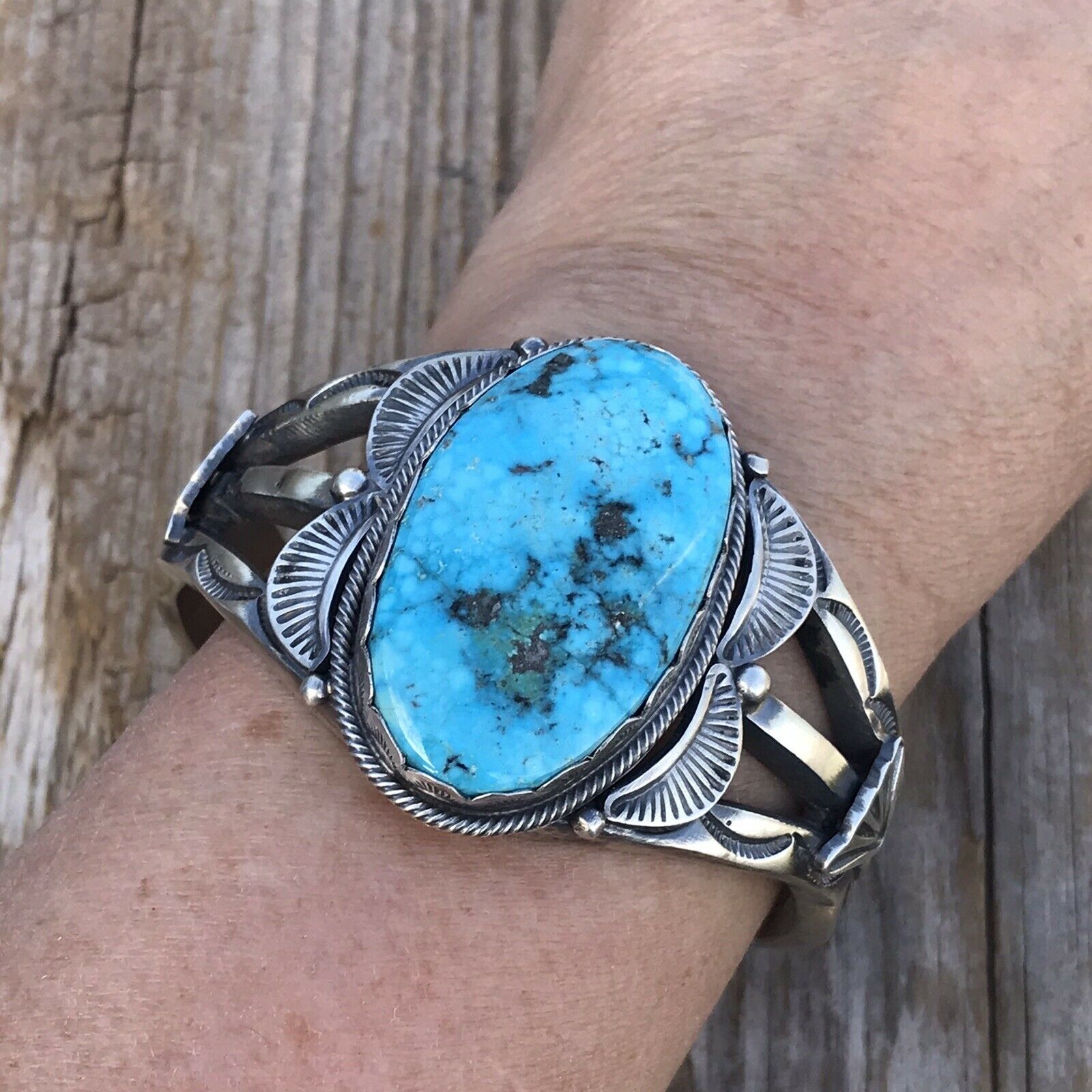 Handcrafted Kingman Turquoise Sterling Silver Cuff Signed By Artist