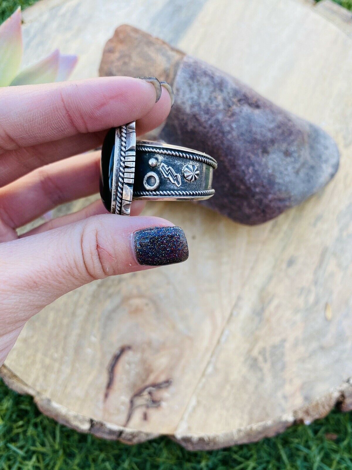 Navajo Sterling Silver & Black Onyx Ring Size 13.5 Signed