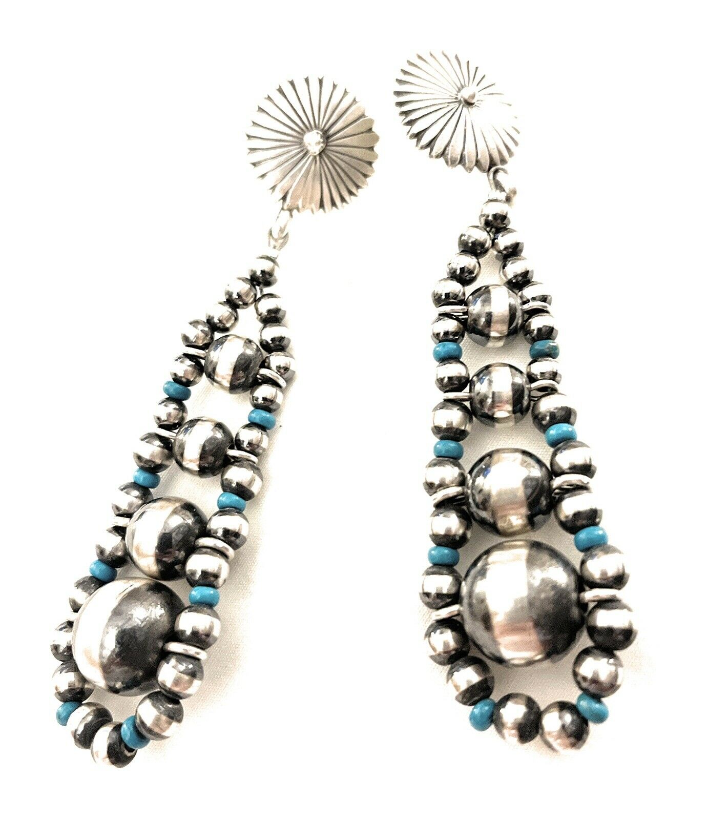 Navajo Sterling Silver Turquoise Bead Dangle Drop Earrings top