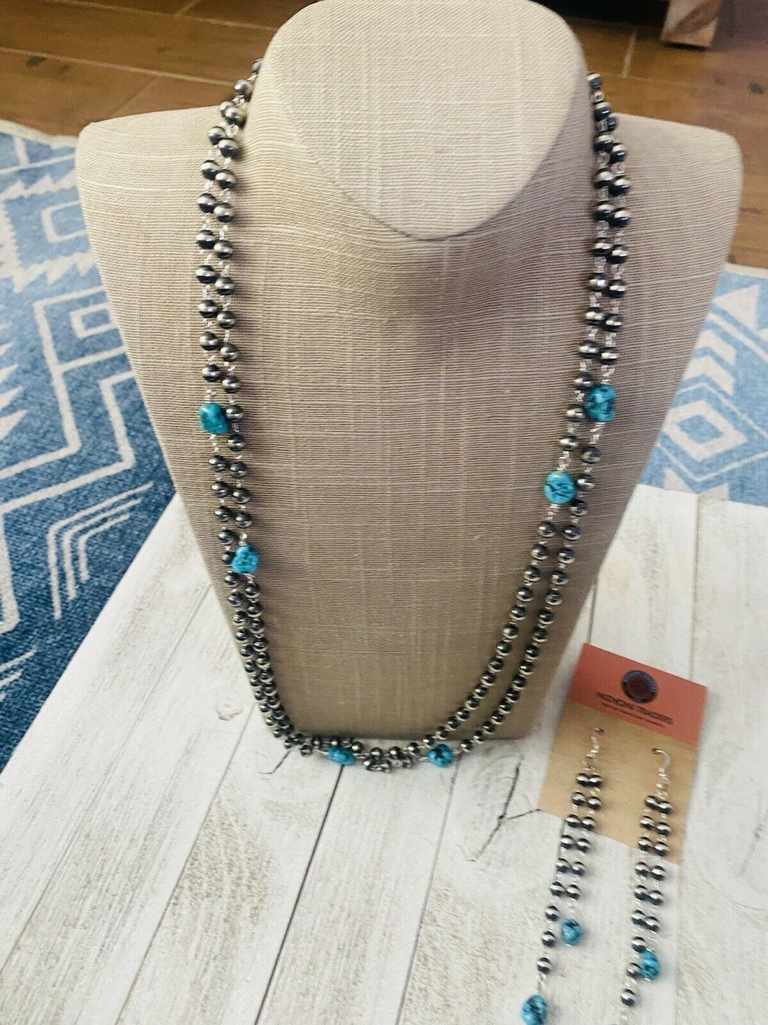 Handcrafted Kingman Turquoise & Sterling Silver Pearl Beaded Necklace Set