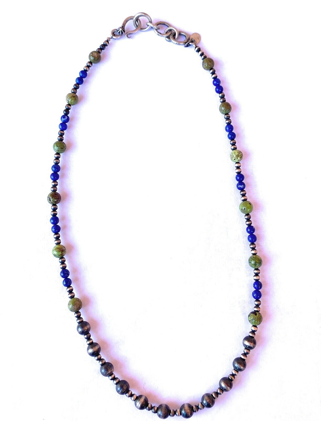 Navajo Lapis, Gaspeite And Sterling Silver Navajo Pearl Beaded Necklace