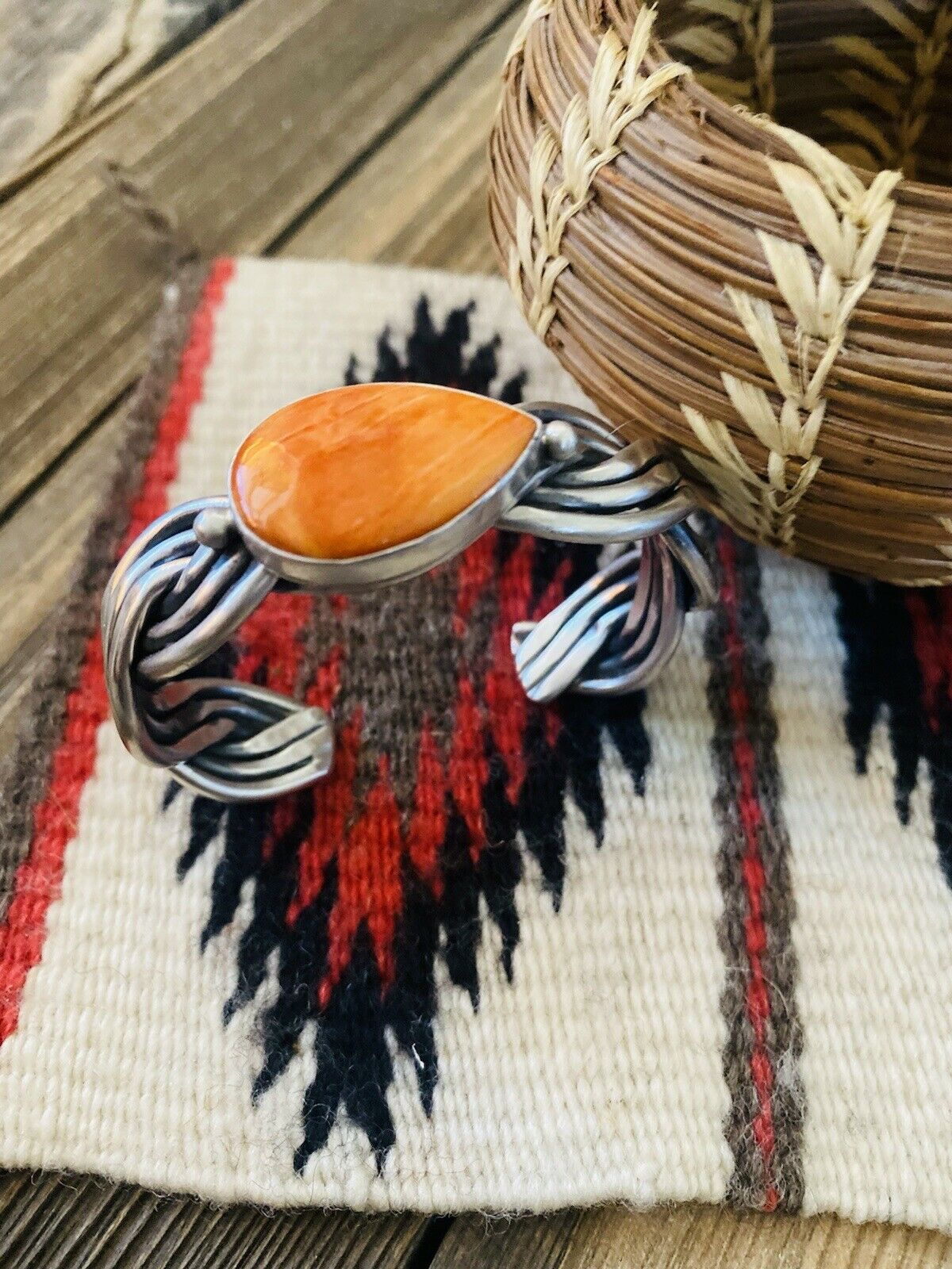 Navajo Orange Spiny & Sterling Silver Braided Cuff Bracelet Signed